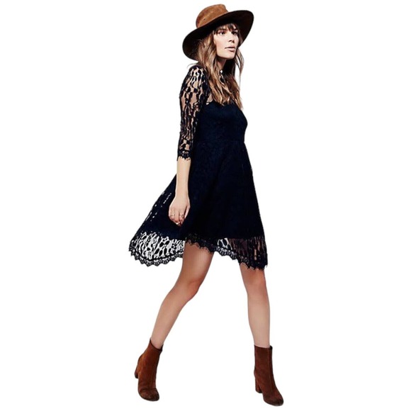 Free People Floral Embroidered Mesh Lace Mini Dress Black S - Picture 14 of 14